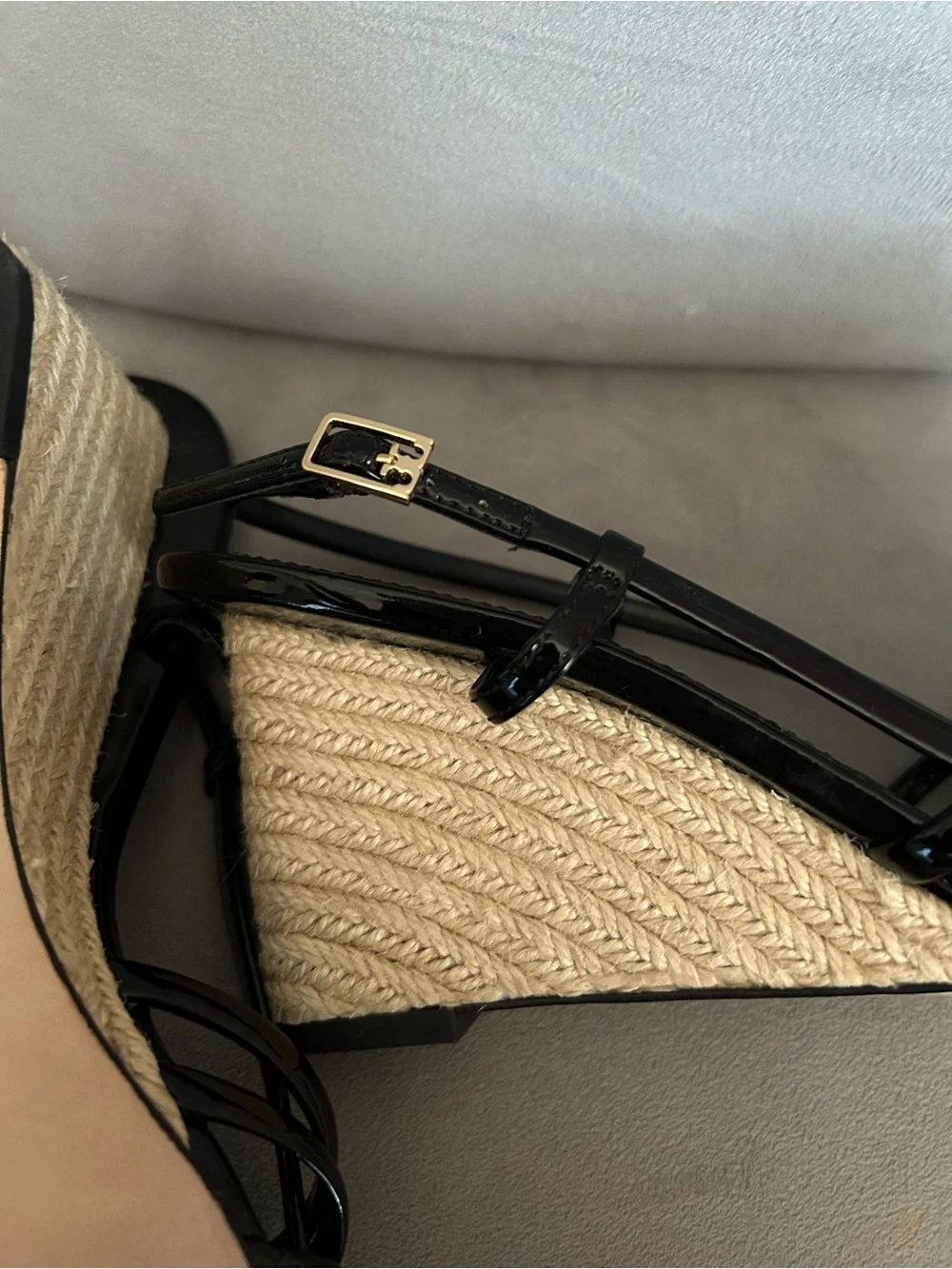 Tory Burch MULTI-STRAP ESPADRILLE WEDGE Black Patent Leather Sandals 7.5
